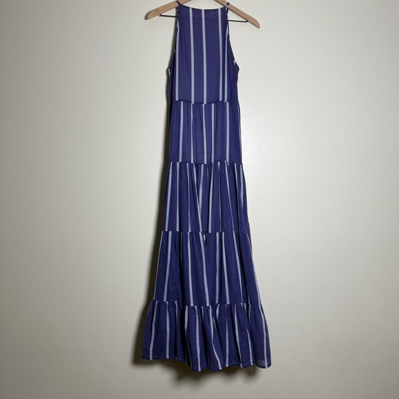 Oliphant Womens Tiered Maxi Dress L Blue Striped Tank Tassels Resort Vacation - Picture 2 of 11